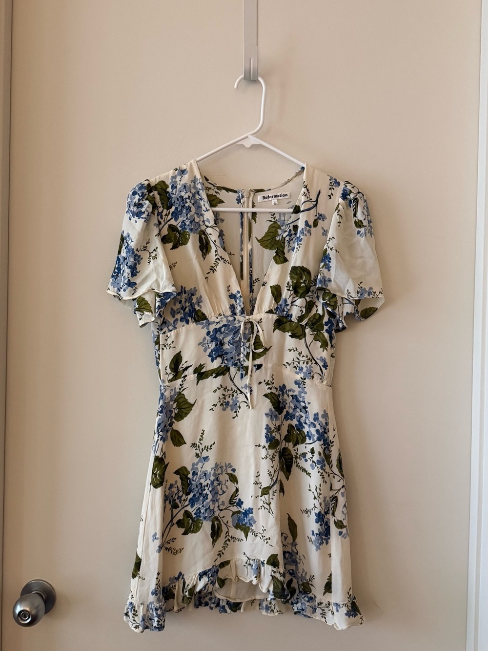 Reformation Mya Cream Mini Dress with Blue & Green Floral Print - Picture 2 of 3